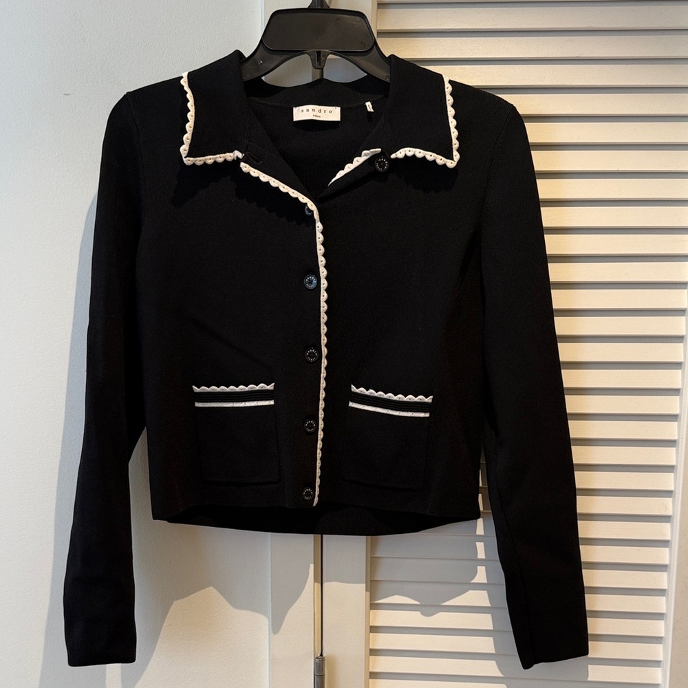 Black Knit Cardigan with White Trim by Sandro